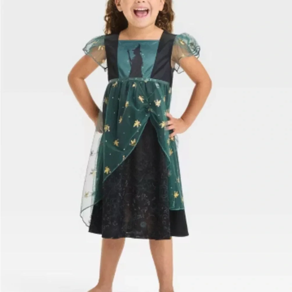Wicked Elphaba Costume Dress Girls Emerald Green Black Gold Foil Stars Halloween